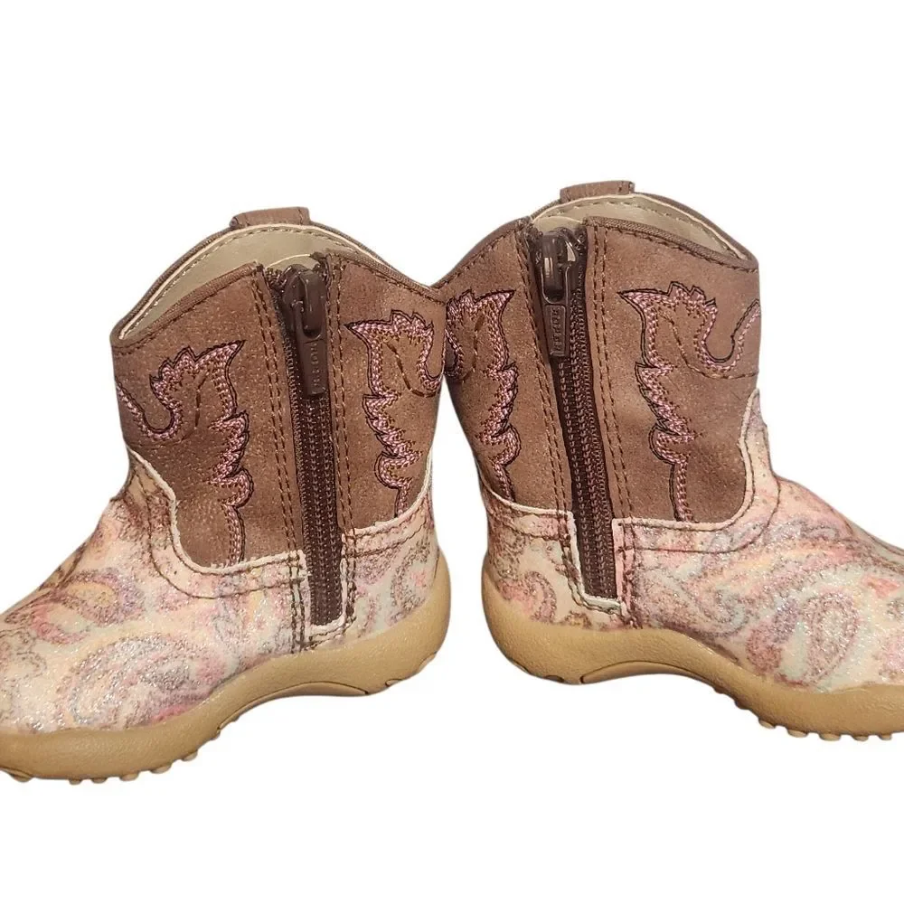 Roper Newborn Size 2 Soft Cowboy Boots Brown Yellow Paisley Side Zip Shoes